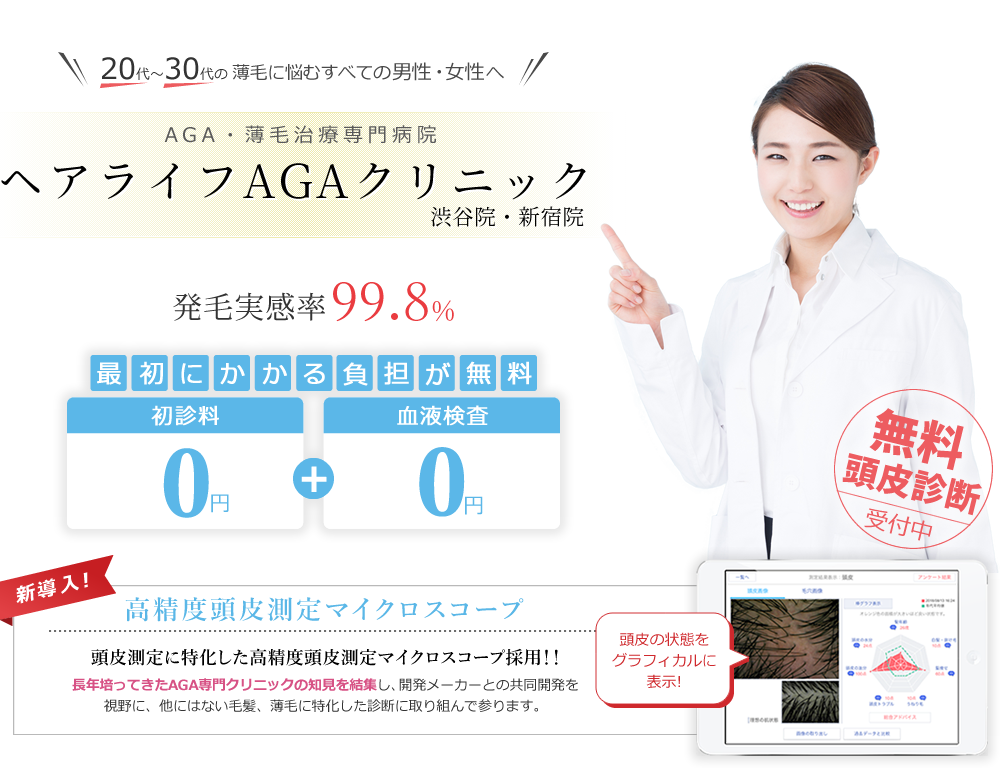 AGA・薄毛に悩む方へ AGA･薄毛は病院で治療できます 無料相談受付中 月額1500円～ できることがあるAGA･薄毛の専門治療 発毛実感率99.8% 女性モニター募集